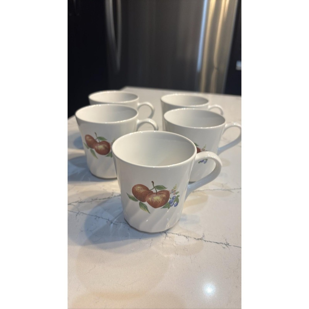 Set of 5 Corelle Coordinates Chutney Coffee Mugs Fruit Apple Pear Swirl